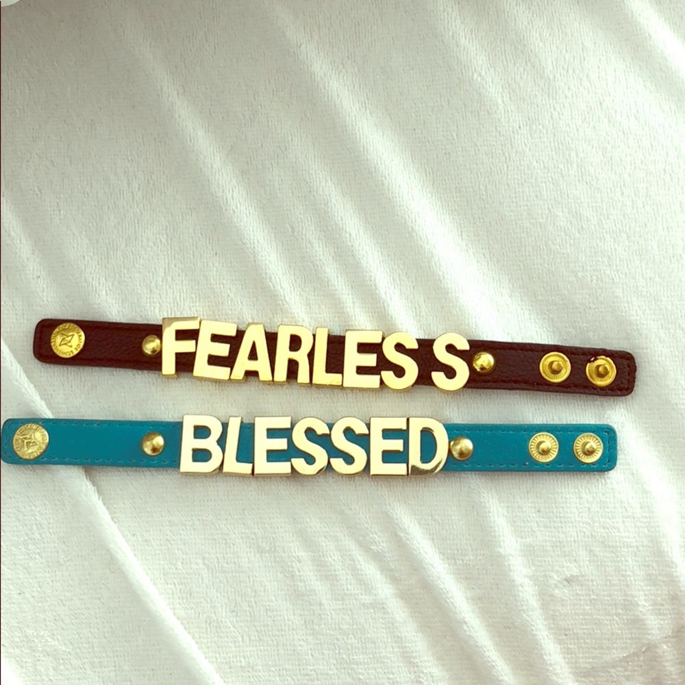 Leather brackets/cuff “blessed” and “fearless”